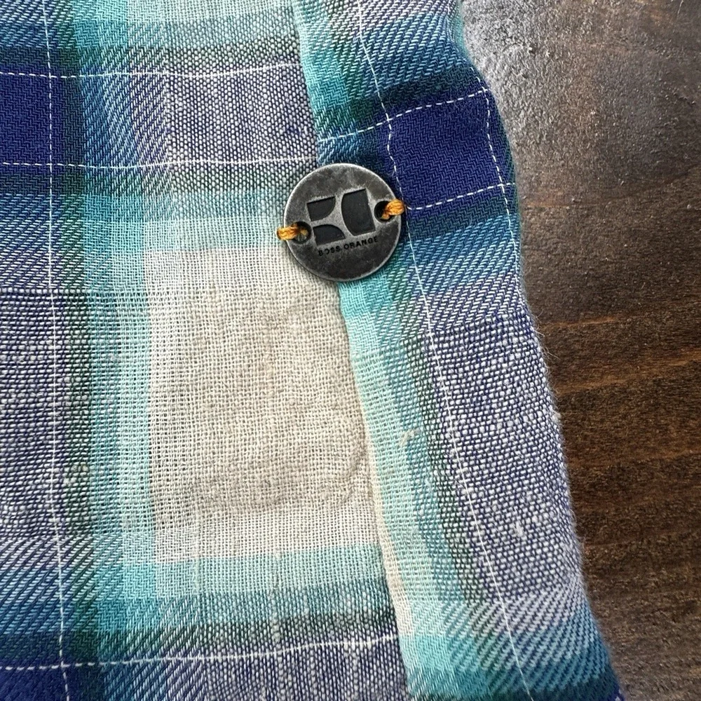 Boss Orange by Hugo Boss Mens M Shirt Blue White Plaid Print Linen Short Sleeves